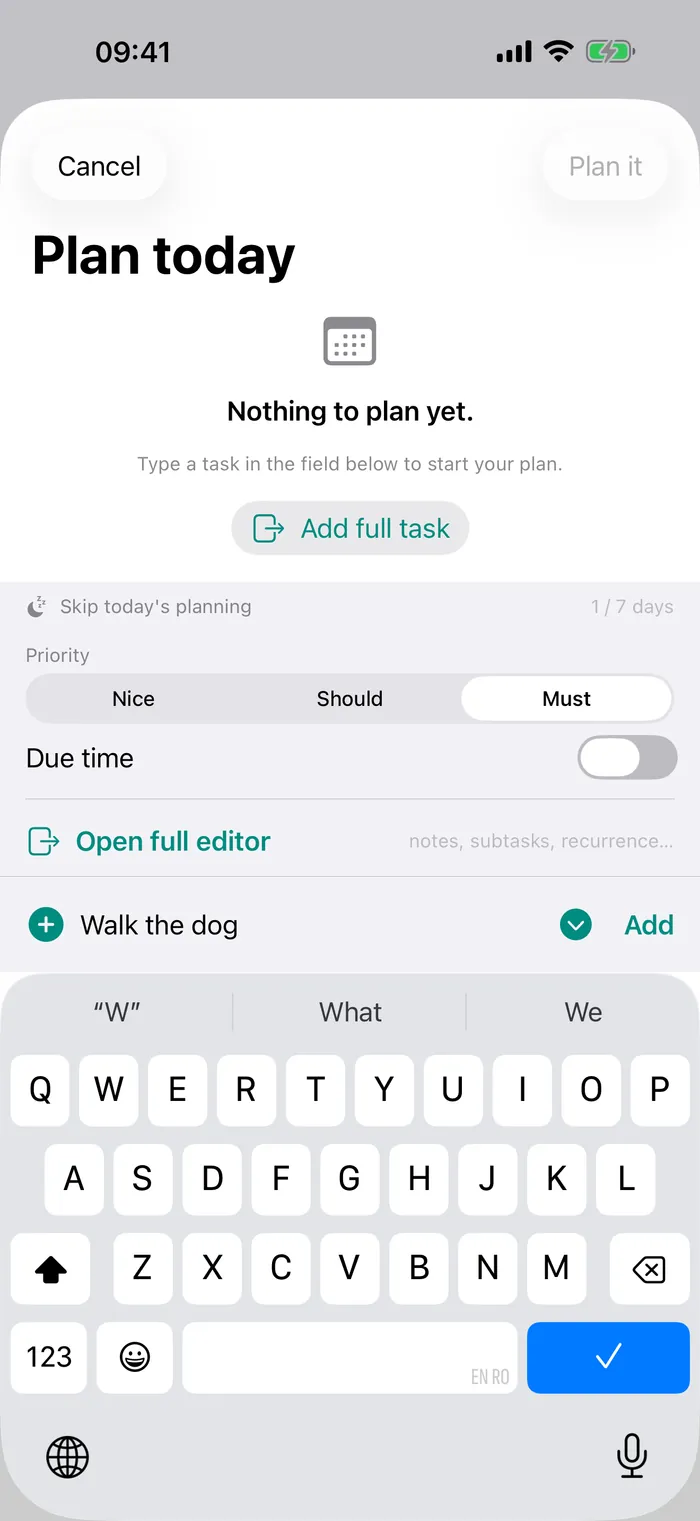Goad plan's Plan Today screen — a quick-add row with Nice, Should, and Must priority, a due-time toggle, and a link to the full editor for notes, subtasks, and recurrence.