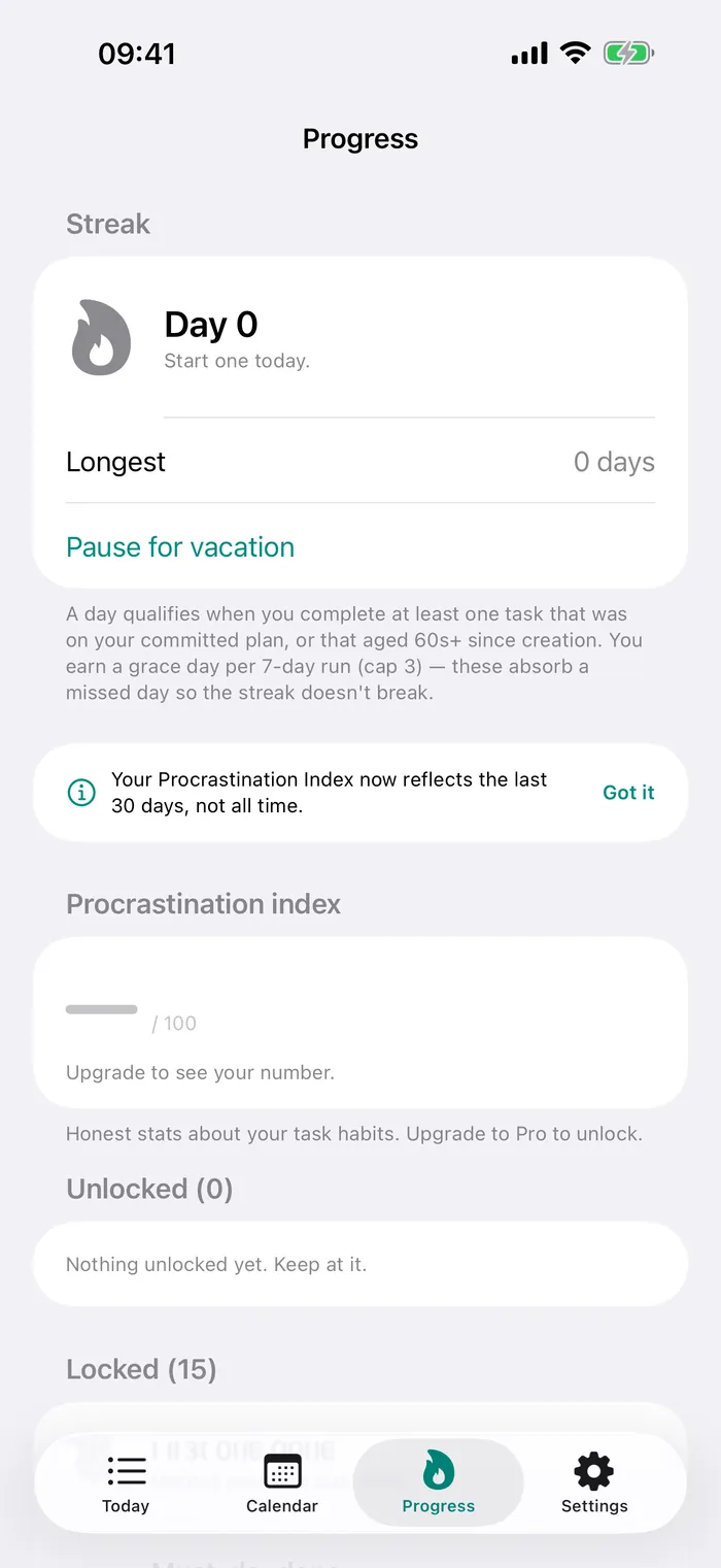Goad plan's Progress screen — a streak counter with grace days, and a Procrastination Index shown as a locked teaser inviting a Pro upgrade to reveal the full score.