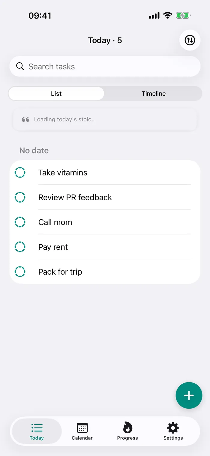 Goad plan's Today screen on iPhone — the day's task list (Take vitamins, Review PR feedback, Call mom, Pay rent, Pack for trip) with a search bar, List and Timeline tabs, and a teal add button.